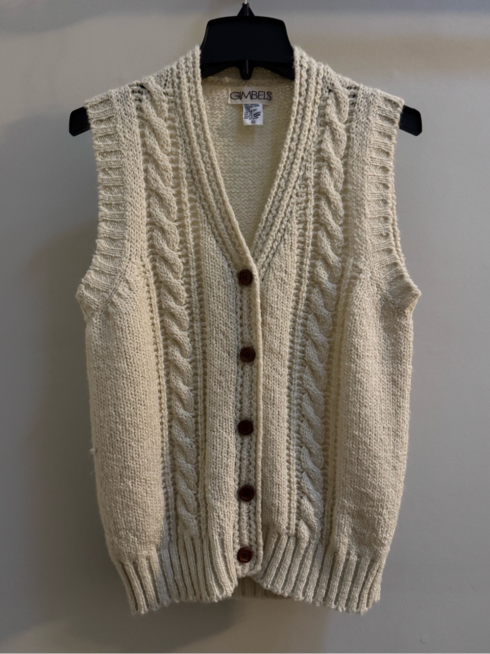 Vintage Gimbels Cable Knit Button Front Sweater Vest Cream